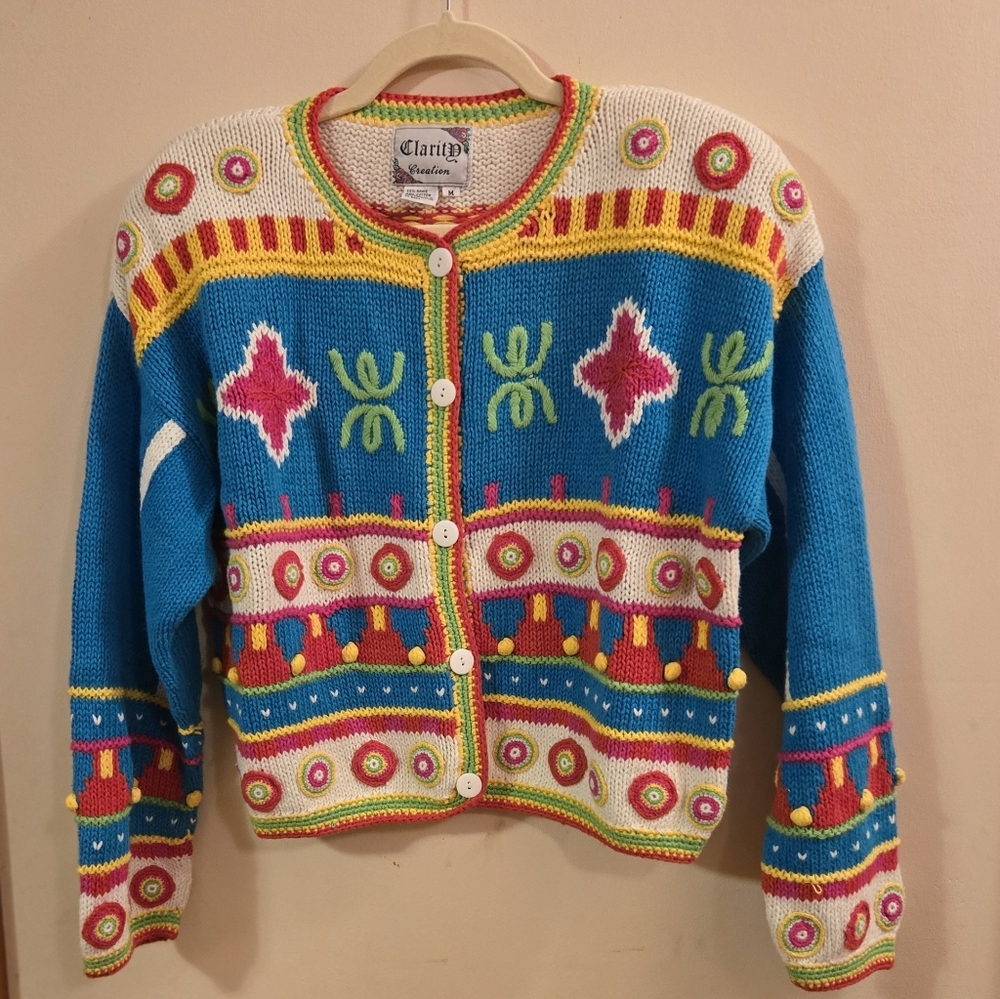 Clarity Creation Hand Knitted Textured Cardigan Sweater - Button Front- Size M